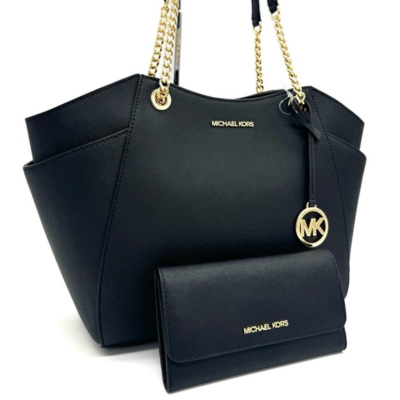 Michael Kors JST Large Chain Shoulder Tote Bag & Trifold Wallet Black/Gold - Picture 2 of 12